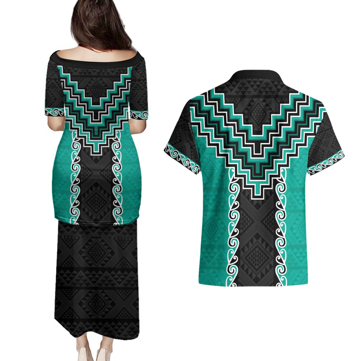 Teal Niho Taniwha Mix Poutama Couples Matching Puletasi and Hawaiian Shirt Unique Taniko Aotearoa LT01 - Polynesian Pride