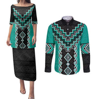Teal Niho Taniwha Mix Poutama Couples Matching Puletasi and Long Sleeve Button Shirt Unique Taniko Aotearoa LT01 Teal - Polynesian Pride
