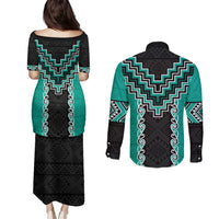 Teal Niho Taniwha Mix Poutama Couples Matching Puletasi and Long Sleeve Button Shirt Unique Taniko Aotearoa LT01 - Polynesian Pride