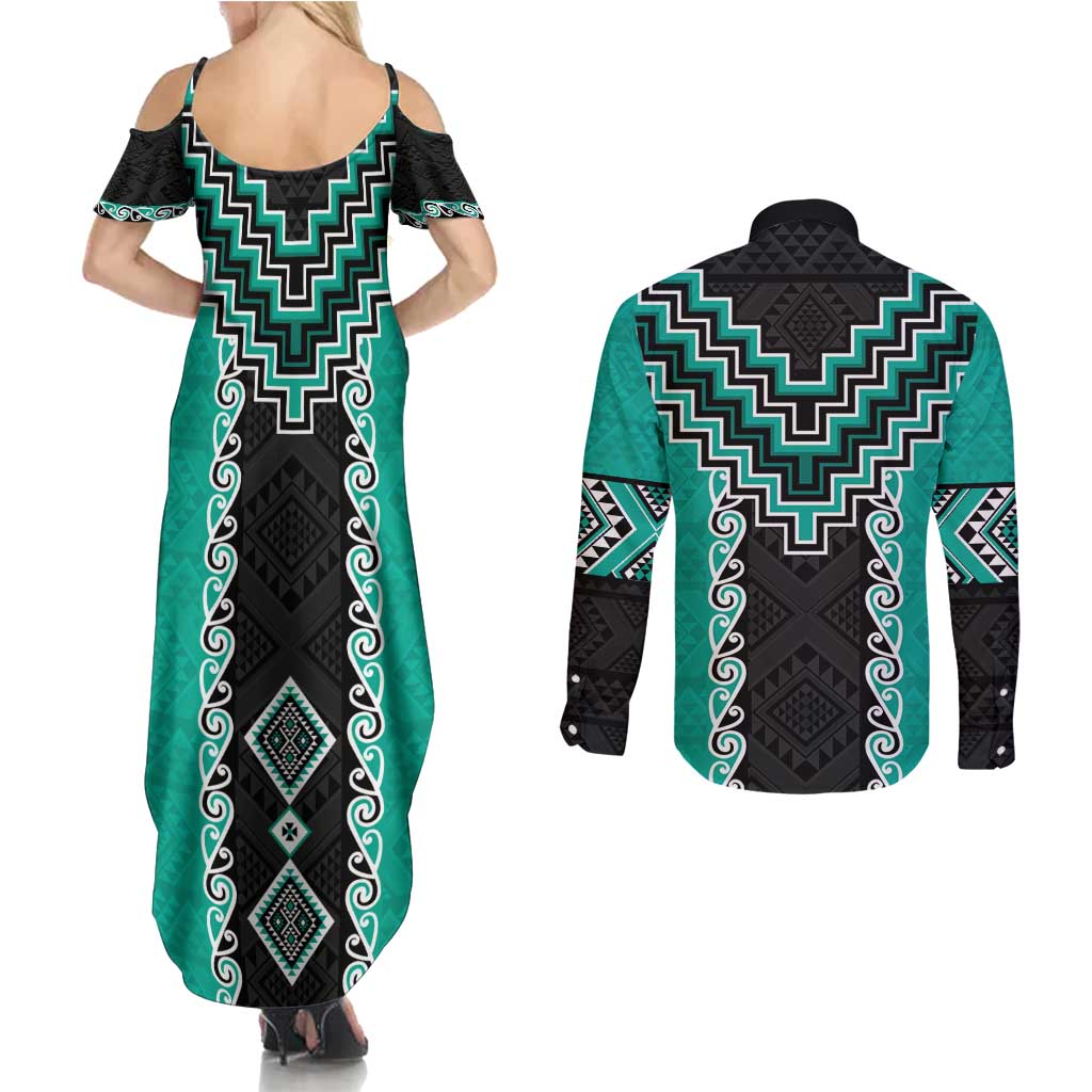 Teal Niho Taniwha Mix Poutama Couples Matching Summer Maxi Dress and Long Sleeve Button Shirt Unique Taniko Aotearoa LT01 - Polynesian Pride