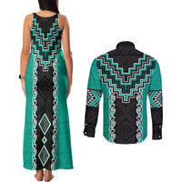 Teal Niho Taniwha Mix Poutama Couples Matching Tank Maxi Dress and Long Sleeve Button Shirt Unique Taniko Aotearoa LT01 - Polynesian Pride