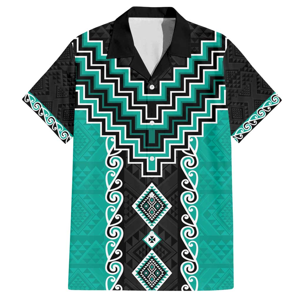 Teal Niho Taniwha Mix Poutama Family Matching Long Sleeve Bodycon Dress and Hawaiian Shirt Unique Taniko Aotearoa
