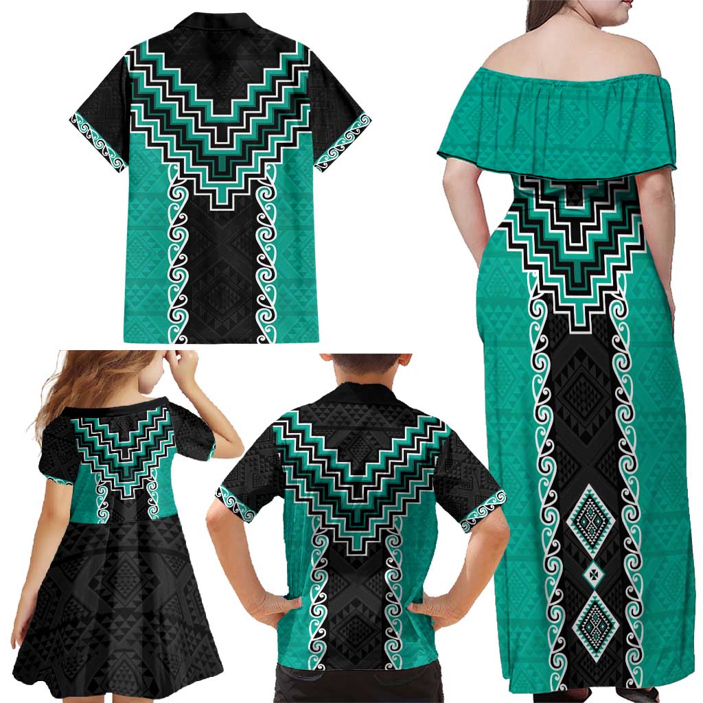 Teal Niho Taniwha Mix Poutama Family Matching Off Shoulder Maxi Dress and Hawaiian Shirt Unique Taniko Aotearoa