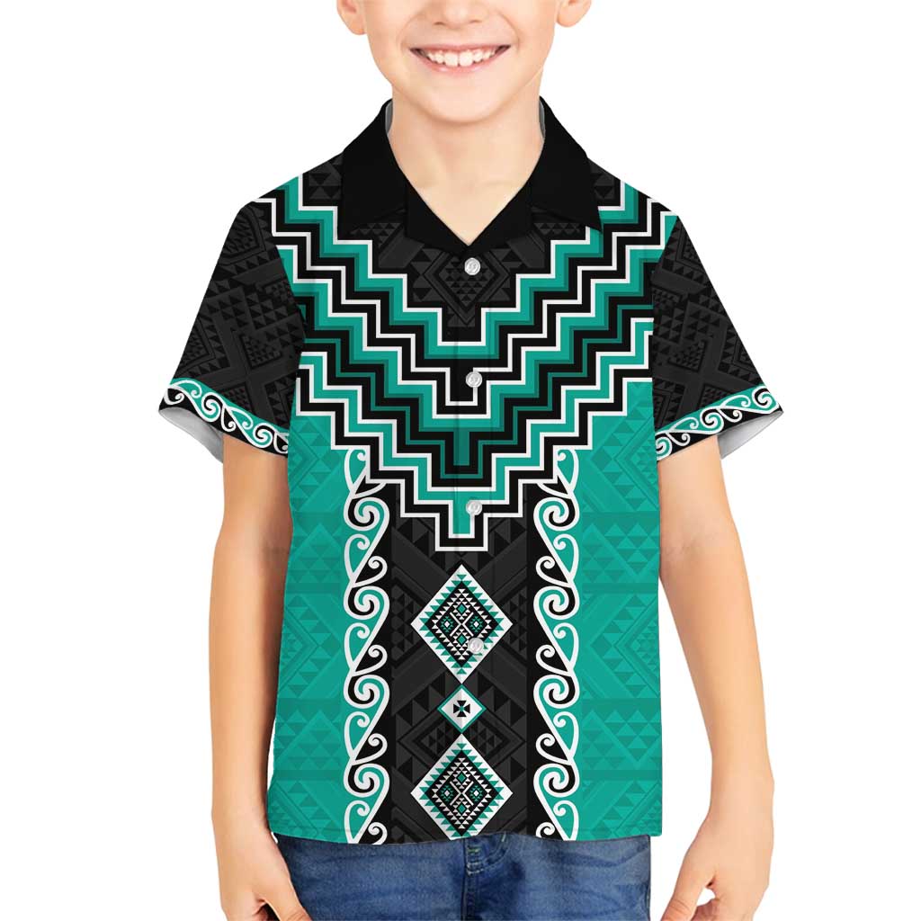 Teal Niho Taniwha Mix Poutama Family Matching Off Shoulder Maxi Dress and Hawaiian Shirt Unique Taniko Aotearoa