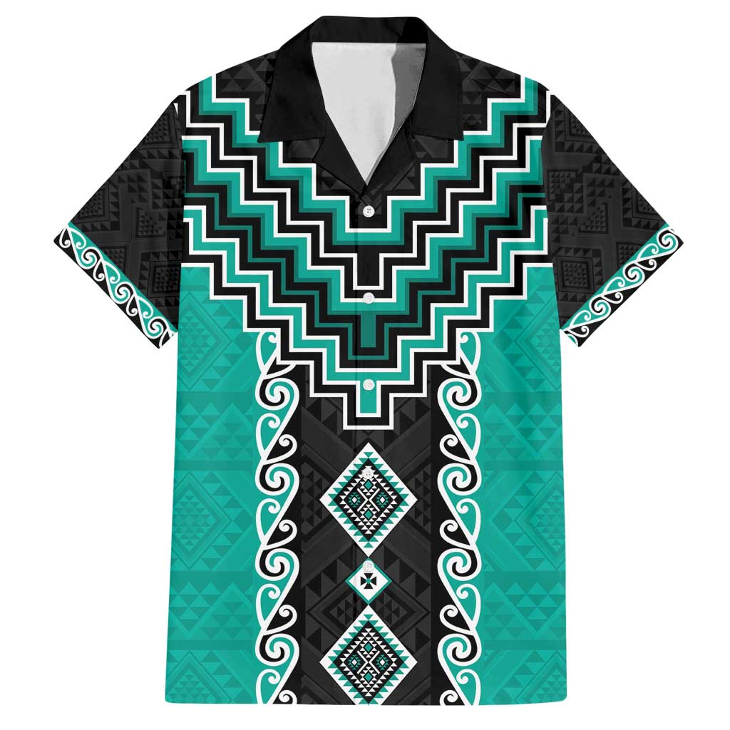 Teal Niho Taniwha Mix Poutama Family Matching Off Shoulder Short Dress and Hawaiian Shirt Unique Taniko Aotearoa