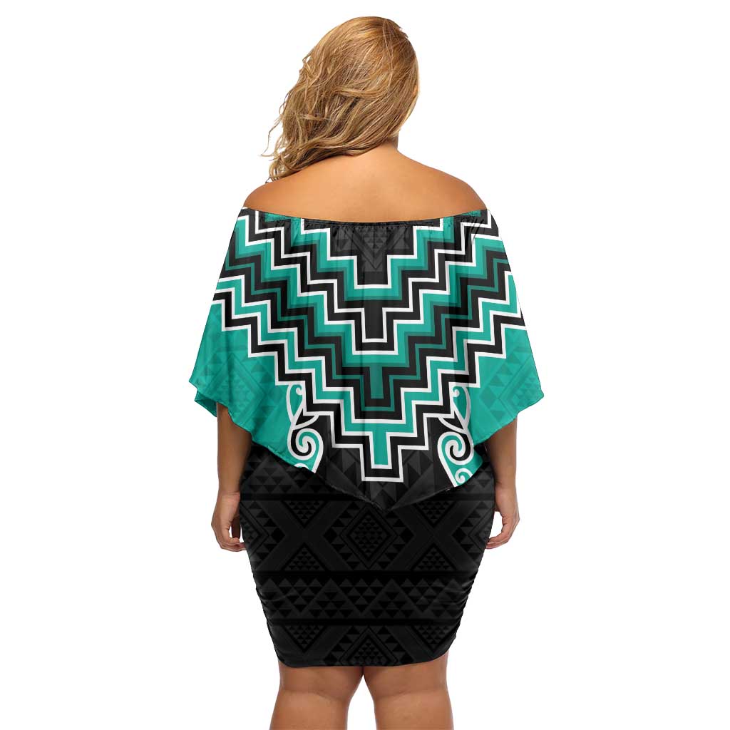 Teal Niho Taniwha Mix Poutama Family Matching Off Shoulder Short Dress and Hawaiian Shirt Unique Taniko Aotearoa