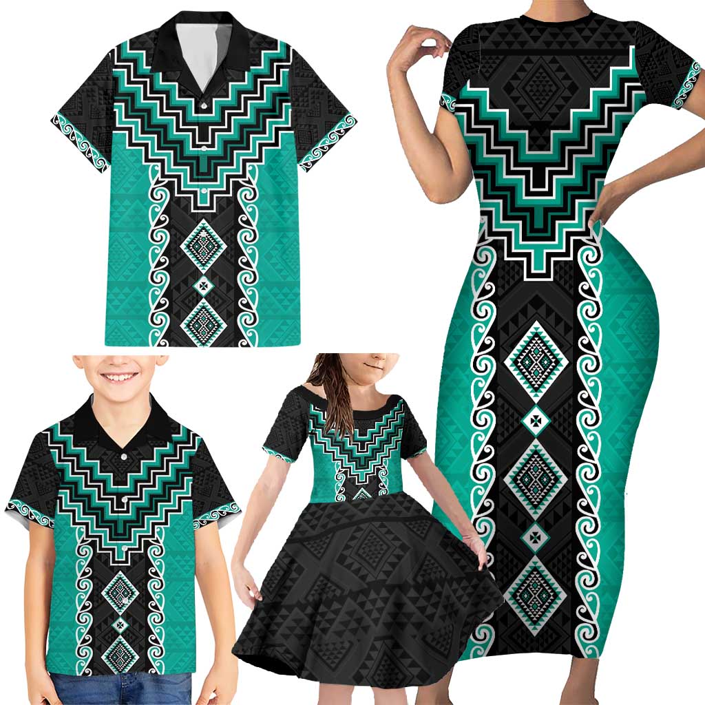 Teal Niho Taniwha Mix Poutama Family Matching Short Sleeve Bodycon Dress and Hawaiian Shirt Unique Taniko Aotearoa