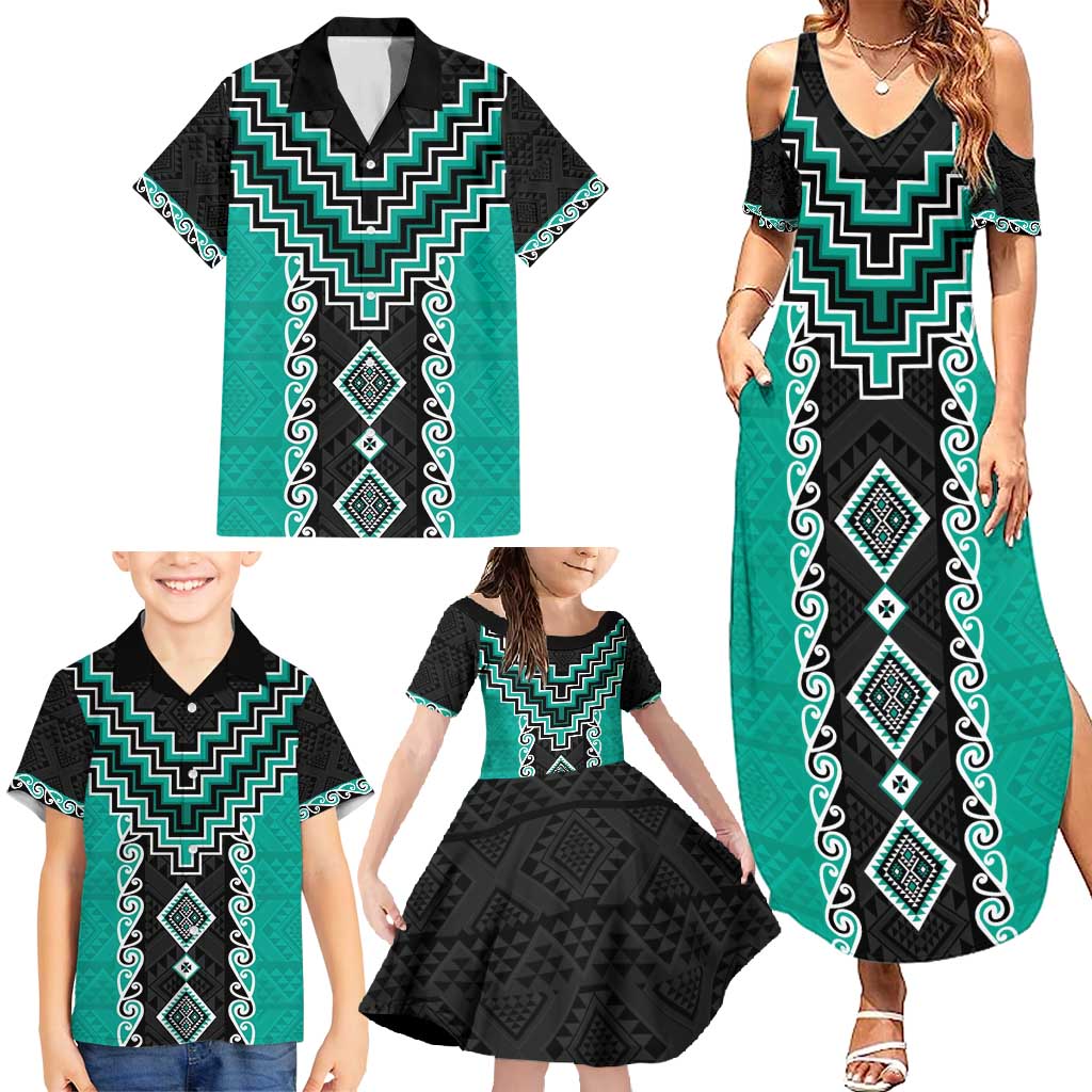 Teal Niho Taniwha Mix Poutama Family Matching Summer Maxi Dress and Hawaiian Shirt Unique Taniko Aotearoa