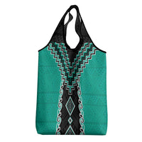 Teal Niho Taniwha Mix Poutama Grocery Bag Unique Taniko Aotearoa