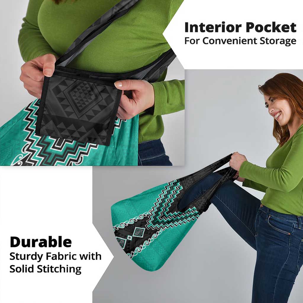 Teal Niho Taniwha Mix Poutama Grocery Bag Unique Taniko Aotearoa