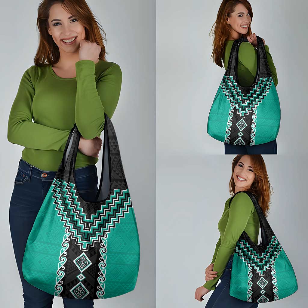 Teal Niho Taniwha Mix Poutama Grocery Bag Unique Taniko Aotearoa