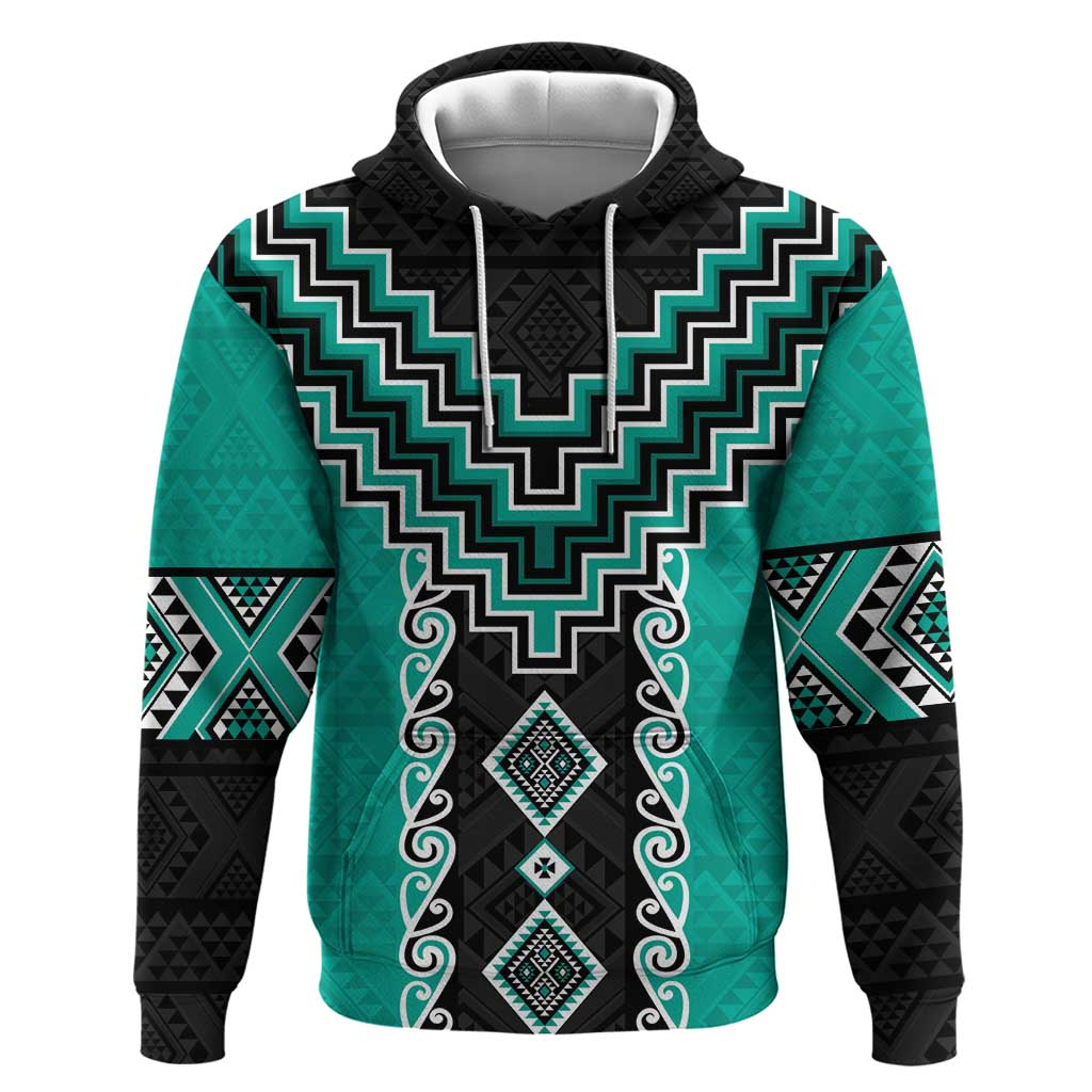 Teal Niho Taniwha Mix Poutama Hoodie Unique Taniko Aotearoa