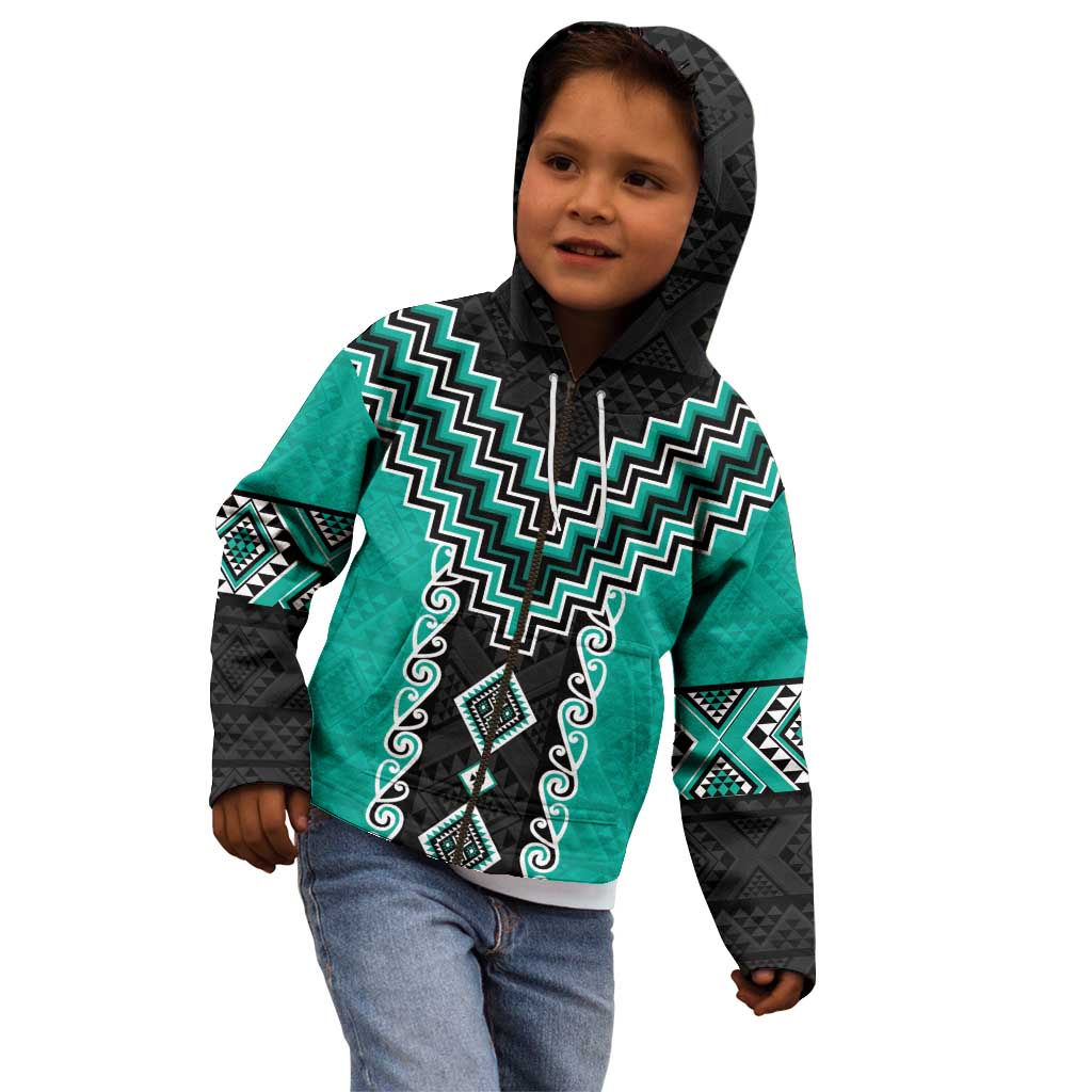 Teal Niho Taniwha Mix Poutama Kid Hoodie Unique Taniko Aotearoa