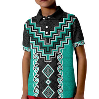 Teal Niho Taniwha Mix Poutama Kid Polo Shirt Unique Taniko Aotearoa