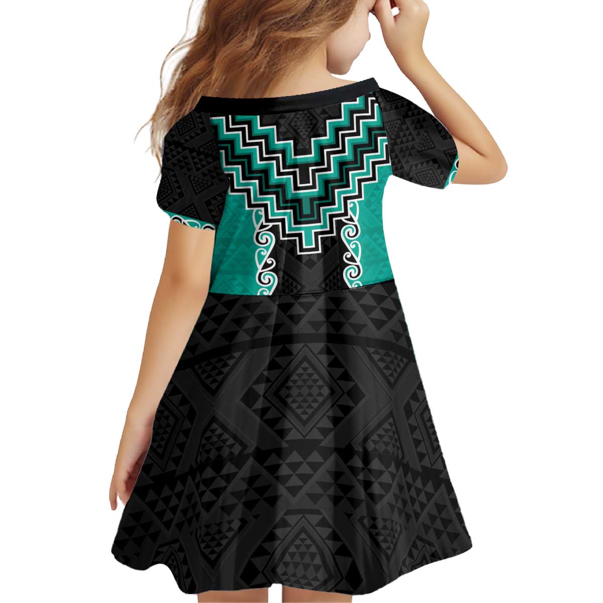 Teal Niho Taniwha Mix Poutama Kid Short Sleeve Dress Unique Taniko Aotearoa