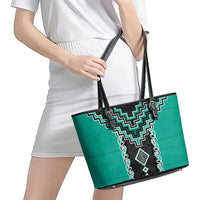 Teal Niho Taniwha Mix Poutama Leather Tote Bag Unique Taniko Aotearoa
