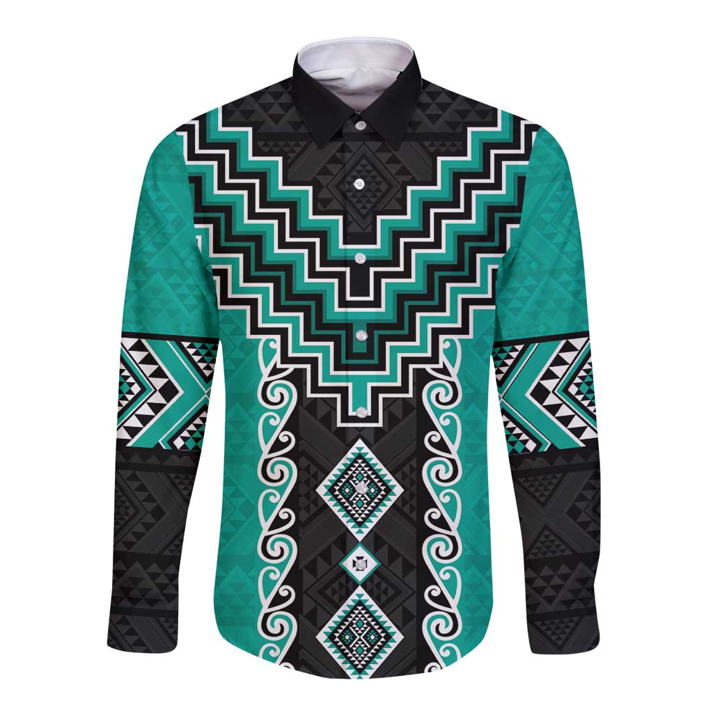 Teal Niho Taniwha Mix Poutama Long Sleeve Button Shirt Unique Taniko Aotearoa LT01 Unisex Teal - Polynesian Pride