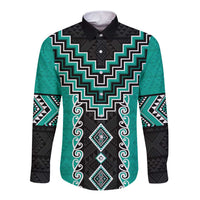 Teal Niho Taniwha Mix Poutama Long Sleeve Button Shirt Unique Taniko Aotearoa LT01 Unisex Teal - Polynesian Pride