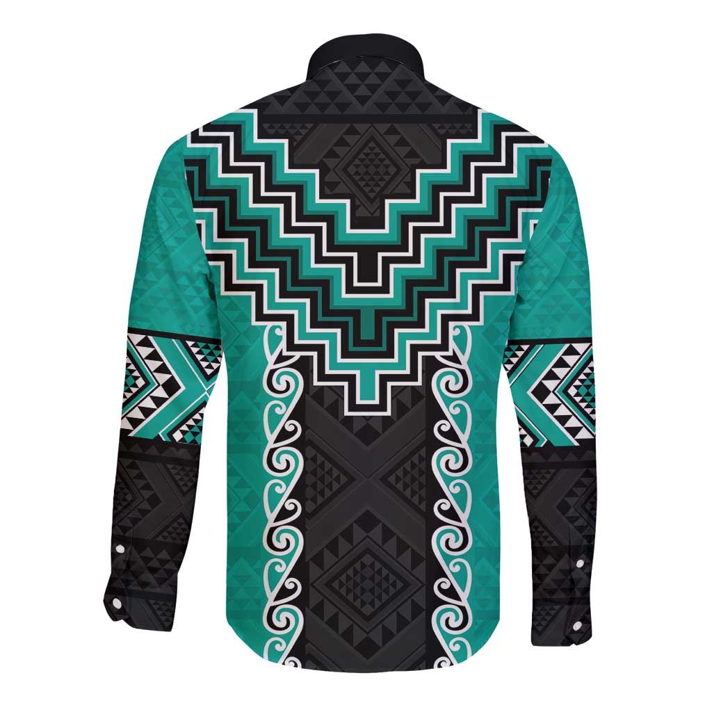 Teal Niho Taniwha Mix Poutama Long Sleeve Button Shirt Unique Taniko Aotearoa LT01 - Polynesian Pride