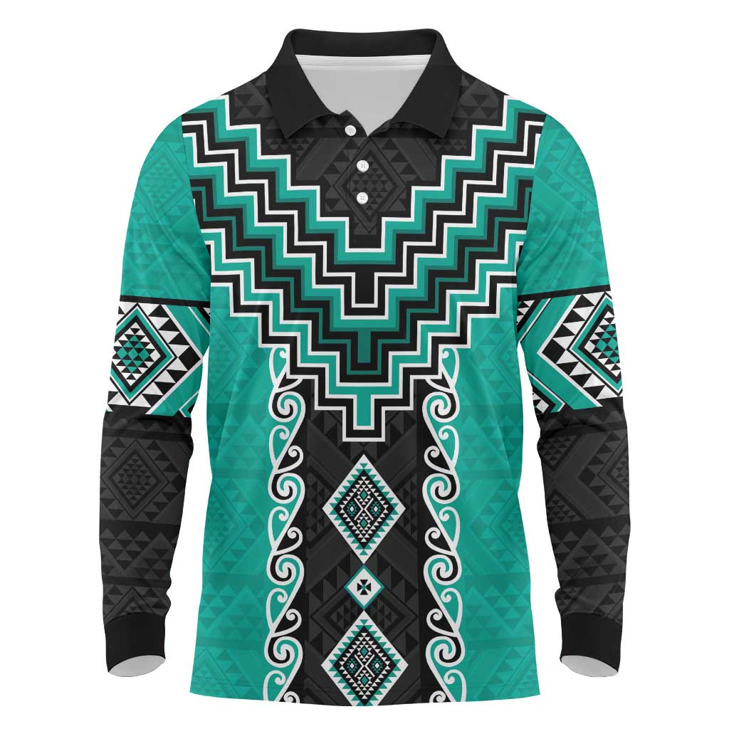 Teal Niho Taniwha Mix Poutama Long Sleeve Polo Shirt Unique Taniko Aotearoa