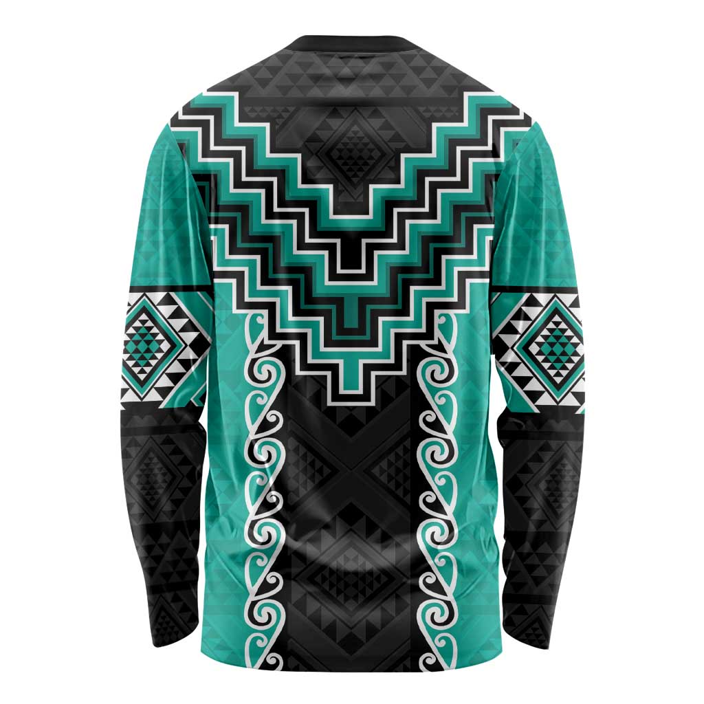 Teal Niho Taniwha Mix Poutama Long Sleeve Shirt Unique Taniko Aotearoa LT01 - Polynesian Pride