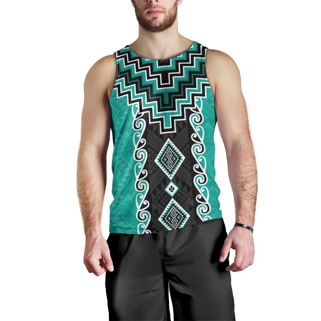 Teal Niho Taniwha Mix Poutama Men Tank Top Unique Taniko Aotearoa LT01 - Polynesian Pride