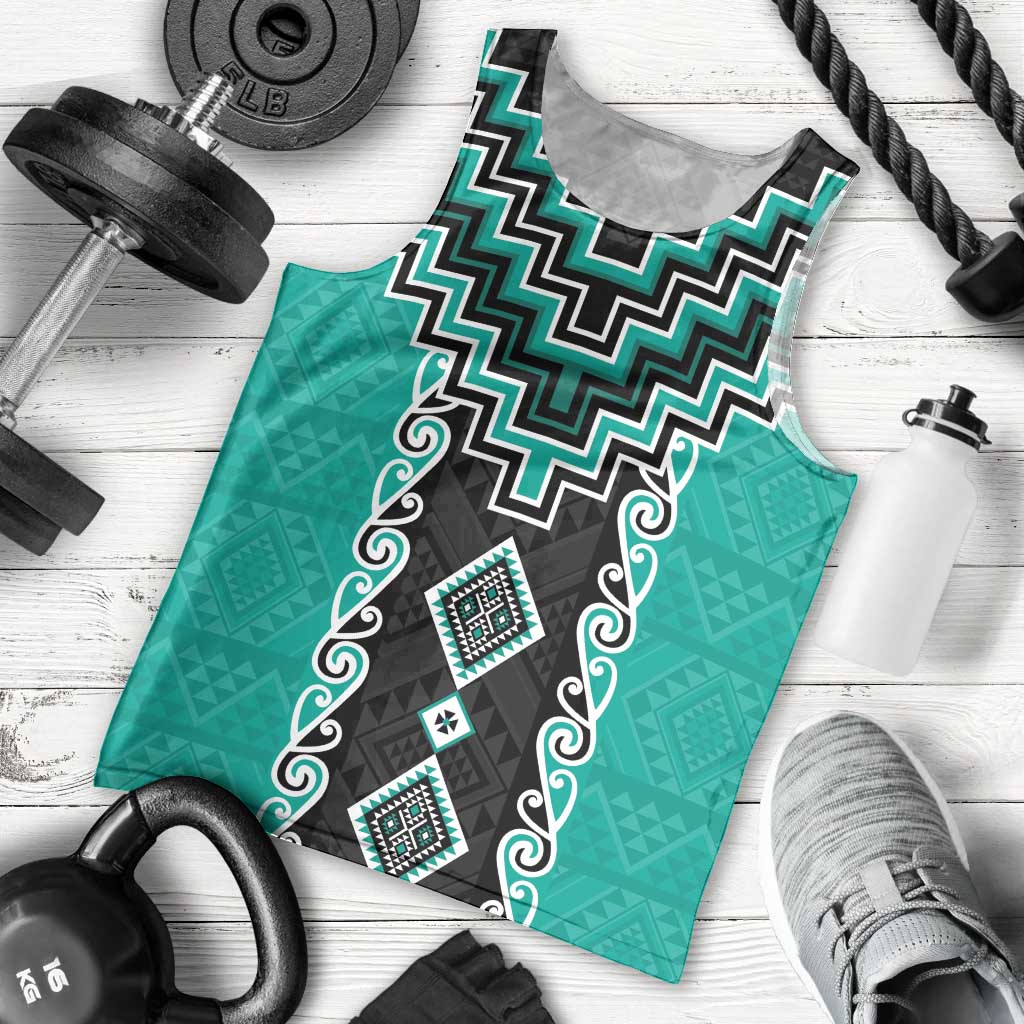 Teal Niho Taniwha Mix Poutama Men Tank Top Unique Taniko Aotearoa LT01 - Polynesian Pride