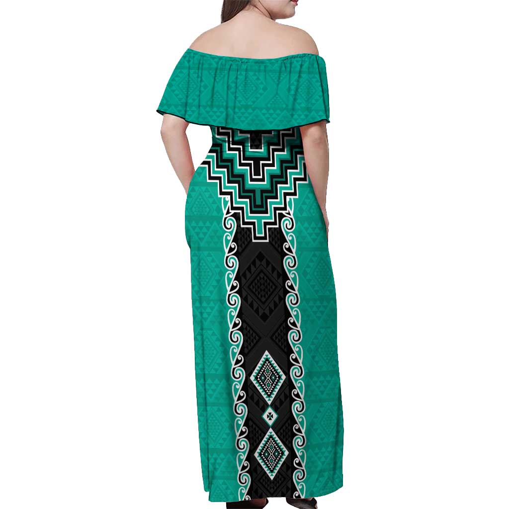 Teal Niho Taniwha Mix Poutama Off Shoulder Maxi Dress Unique Taniko Aotearoa LT01 - Polynesian Pride