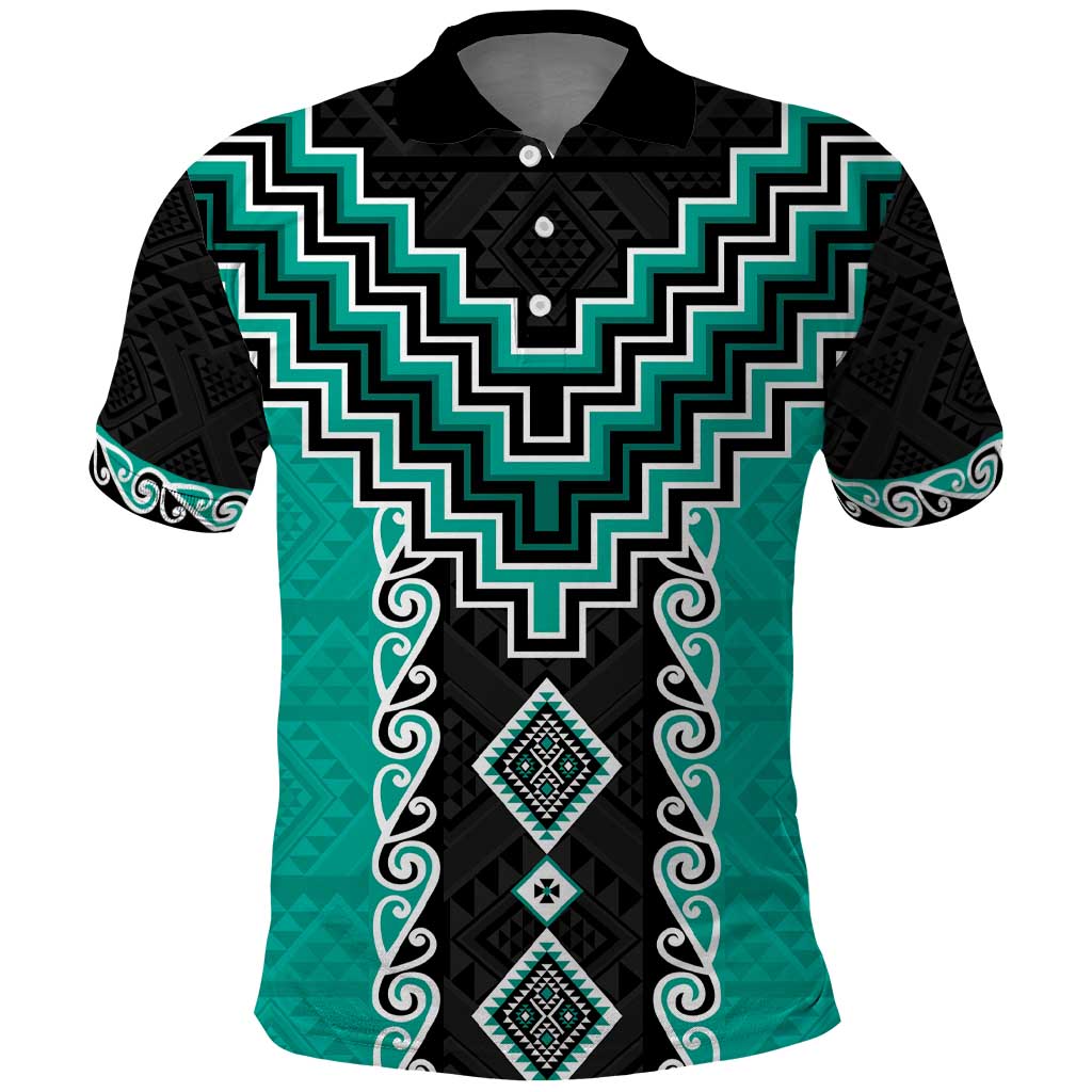 Teal Niho Taniwha Mix Poutama Polo Shirt Unique Taniko Aotearoa