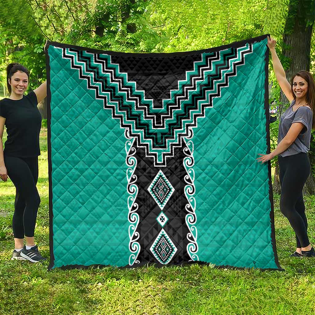 Teal Niho Taniwha Mix Poutama Quilt Unique Taniko Aotearoa