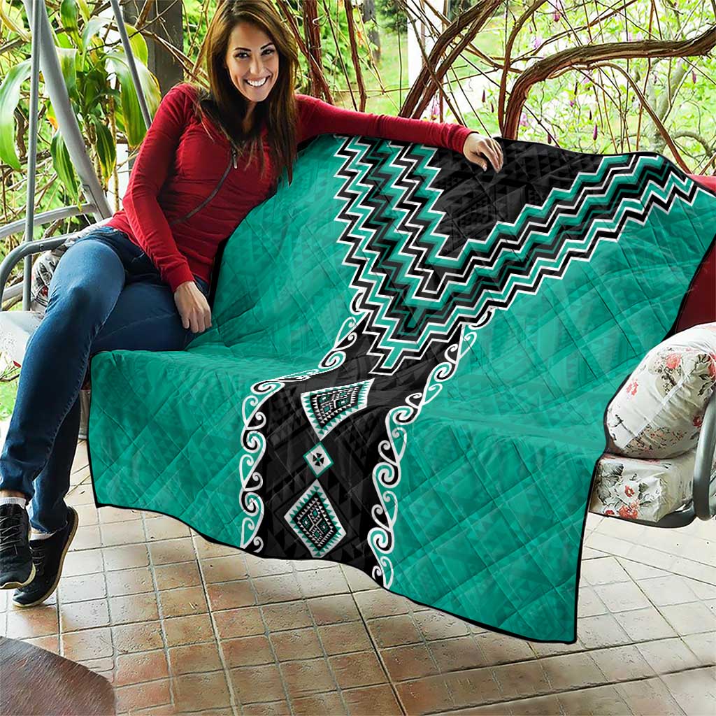 Teal Niho Taniwha Mix Poutama Quilt Unique Taniko Aotearoa