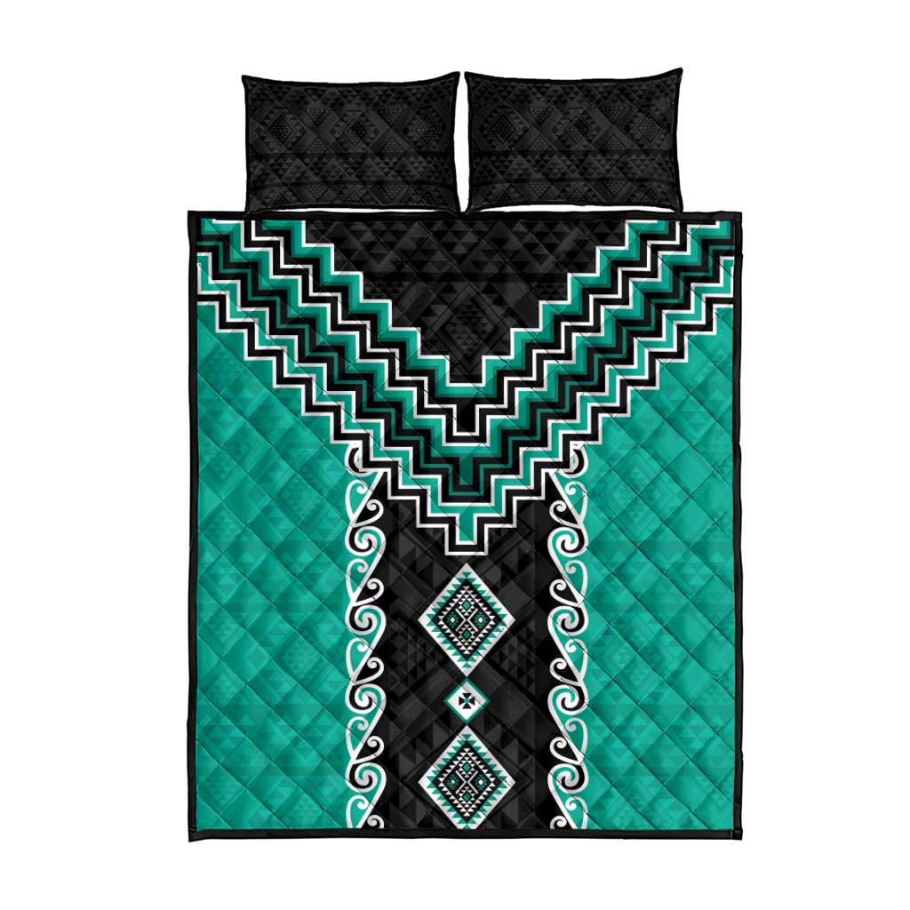 Teal Niho Taniwha Mix Poutama Quilt Bed Set Unique Taniko Aotearoa LT01 - Polynesian Pride