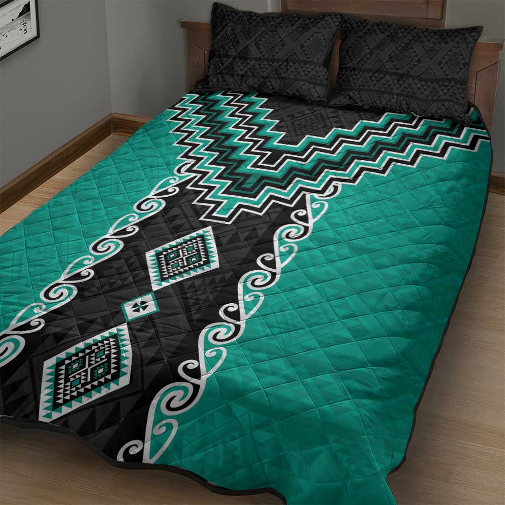 Teal Niho Taniwha Mix Poutama Quilt Bed Set Unique Taniko Aotearoa LT01 - Polynesian Pride