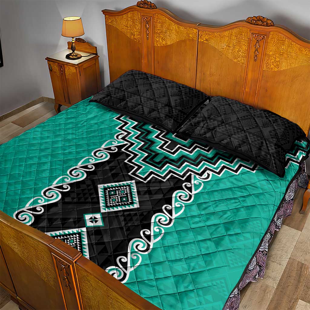 Teal Niho Taniwha Mix Poutama Quilt Bed Set Unique Taniko Aotearoa LT01 - Polynesian Pride