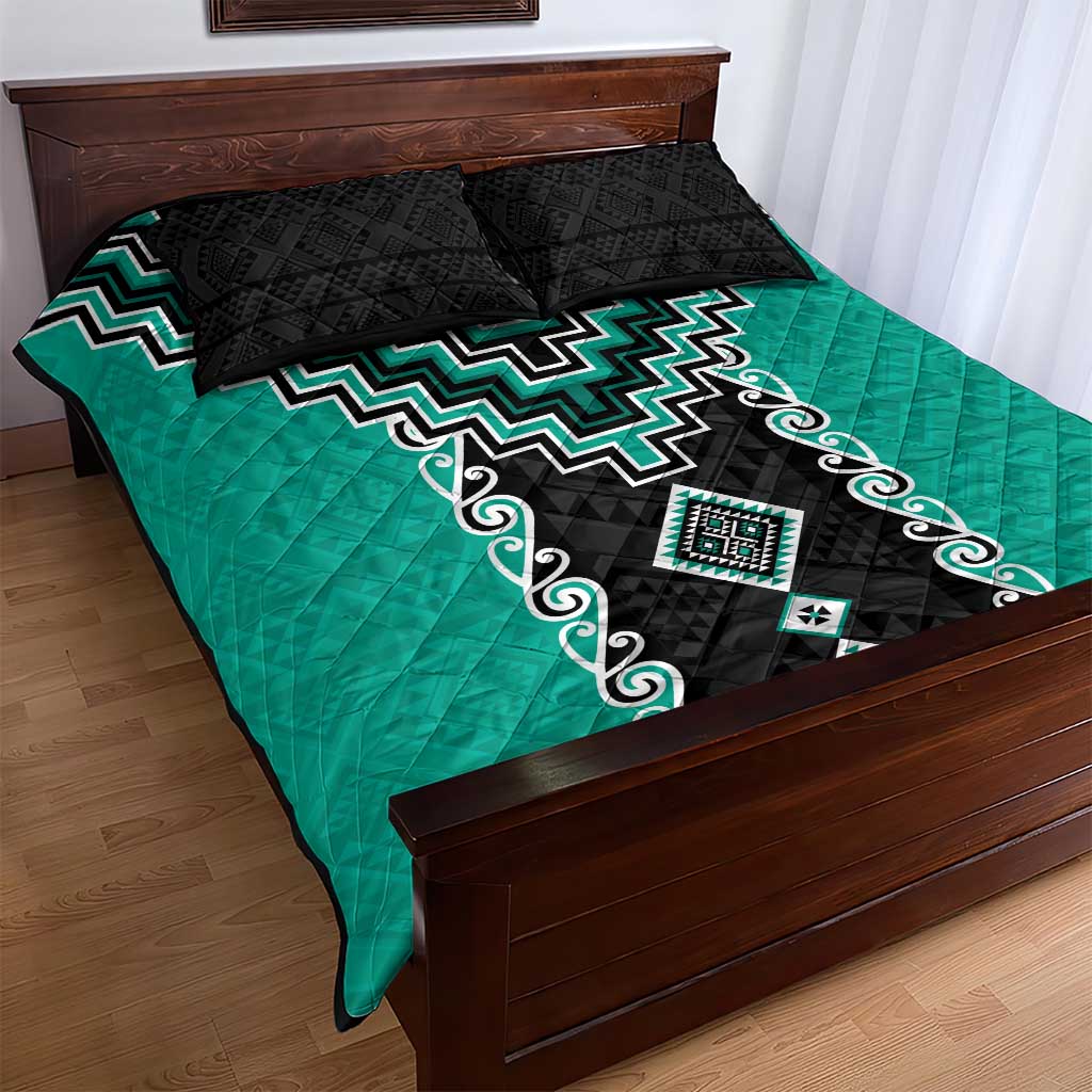 Teal Niho Taniwha Mix Poutama Quilt Bed Set Unique Taniko Aotearoa LT01 - Polynesian Pride