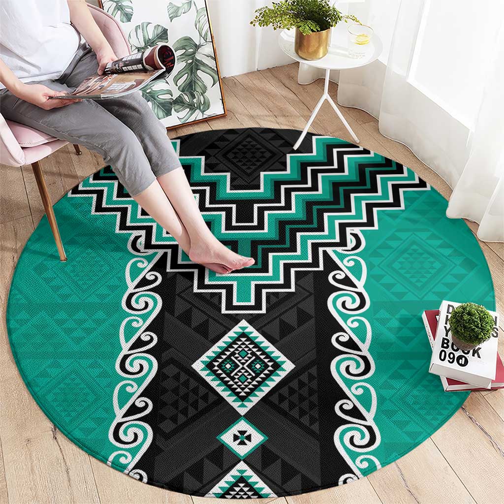 Teal Niho Taniwha Mix Poutama Round Carpet Unique Taniko Aotearoa