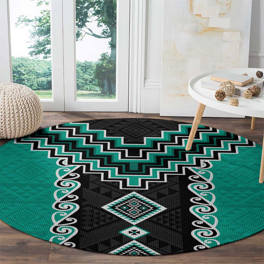 Teal Niho Taniwha Mix Poutama Round Carpet Unique Taniko Aotearoa
