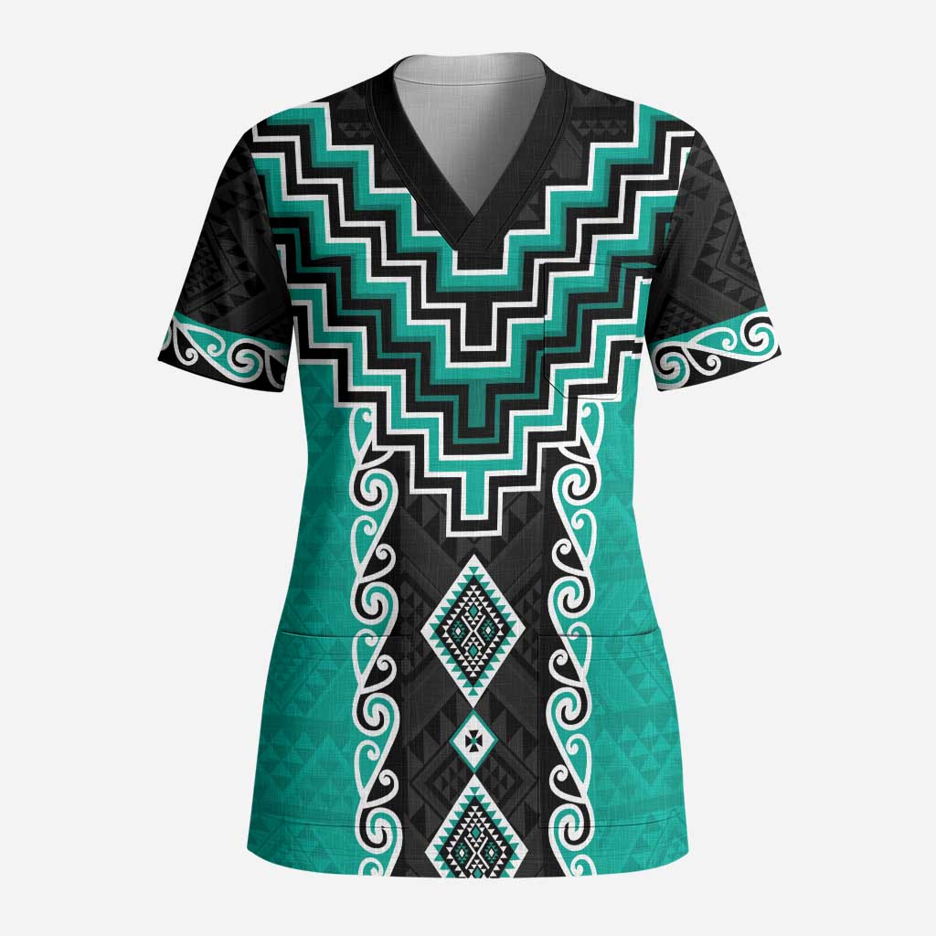 Teal Niho Taniwha Mix Poutama Scrub Top Unique Taniko Aotearoa LT01 Adult Teal - Polynesian Pride