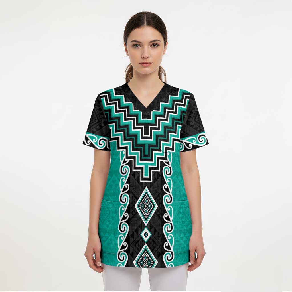 Teal Niho Taniwha Mix Poutama Scrub Top Unique Taniko Aotearoa LT01 - Polynesian Pride