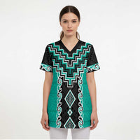 Teal Niho Taniwha Mix Poutama Scrub Top Unique Taniko Aotearoa LT01 - Polynesian Pride