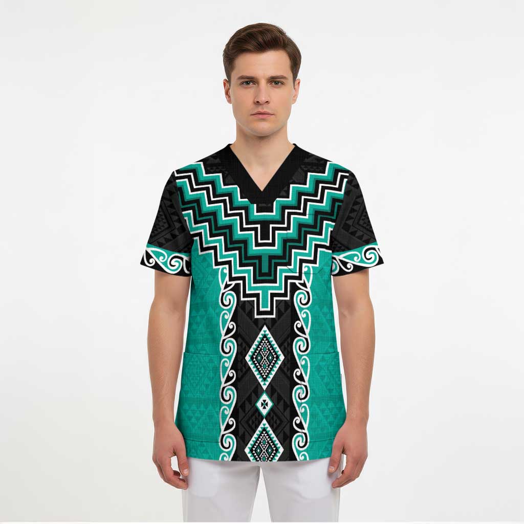 Teal Niho Taniwha Mix Poutama Scrub Top Unique Taniko Aotearoa LT01 - Polynesian Pride