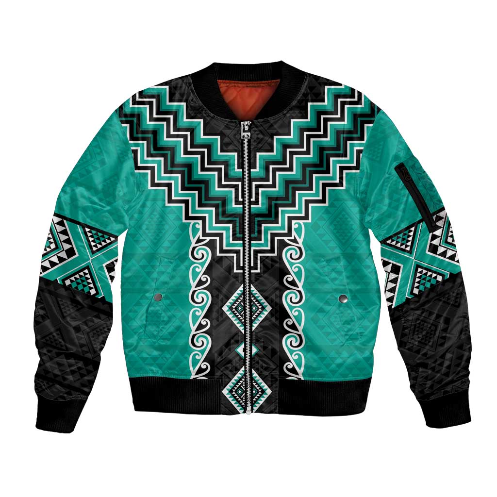 Teal Niho Taniwha Mix Poutama Sleeve Zip Bomber Jacket Unique Taniko Aotearoa