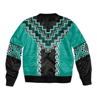 Teal Niho Taniwha Mix Poutama Sleeve Zip Bomber Jacket Unique Taniko Aotearoa