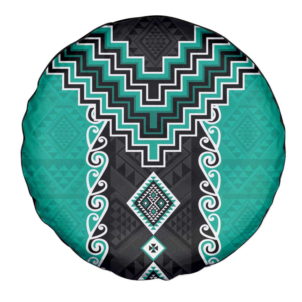 Teal Niho Taniwha Mix Poutama Spare Tire Cover Unique Taniko Aotearoa
