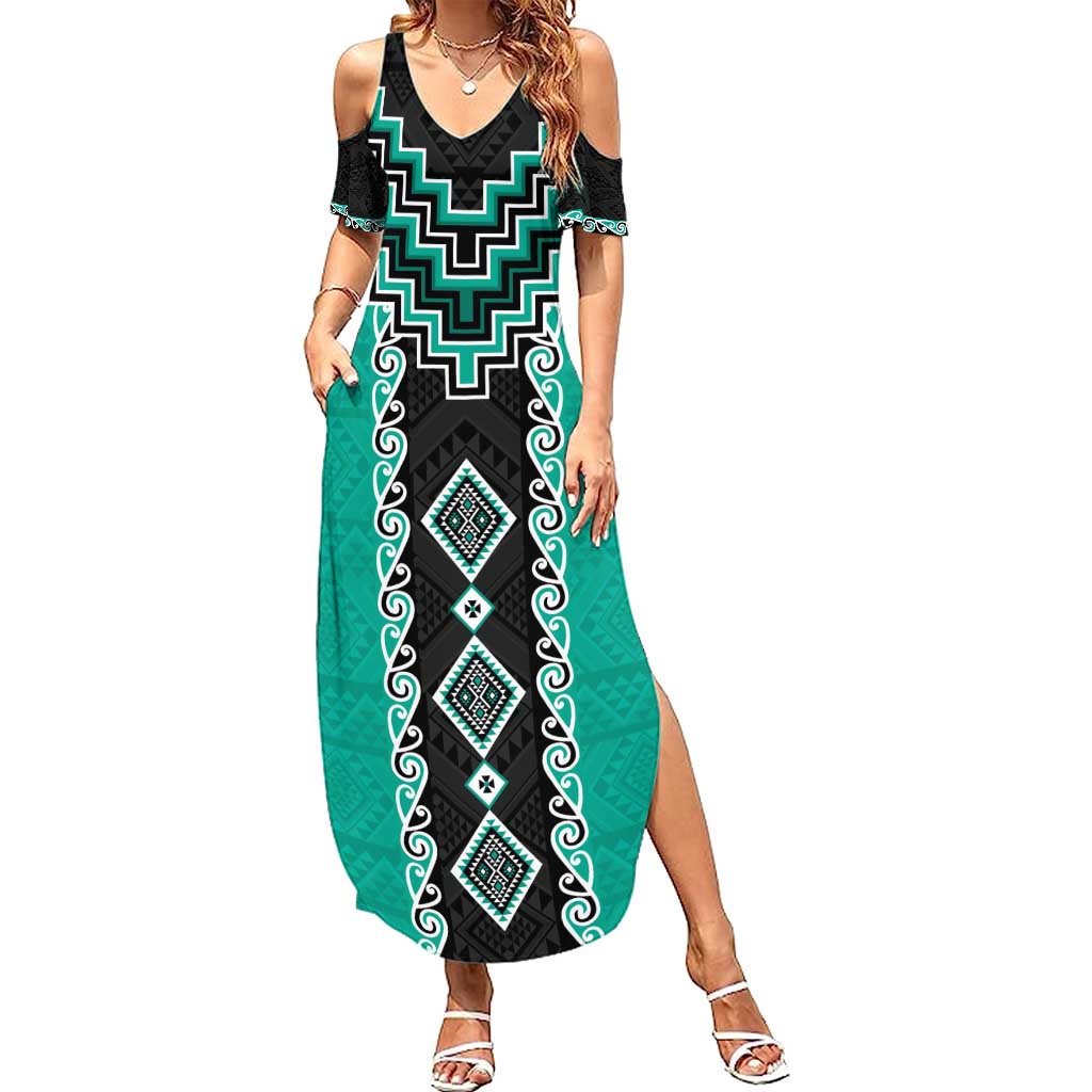 Teal Niho Taniwha Mix Poutama Summer Maxi Dress Unique Taniko Aotearoa