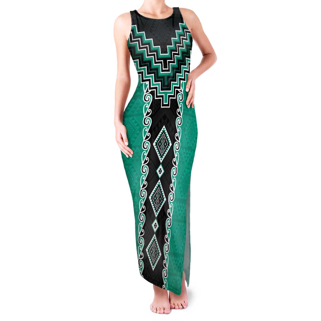 Teal Niho Taniwha Mix Poutama Tank Maxi Dress Unique Taniko Aotearoa