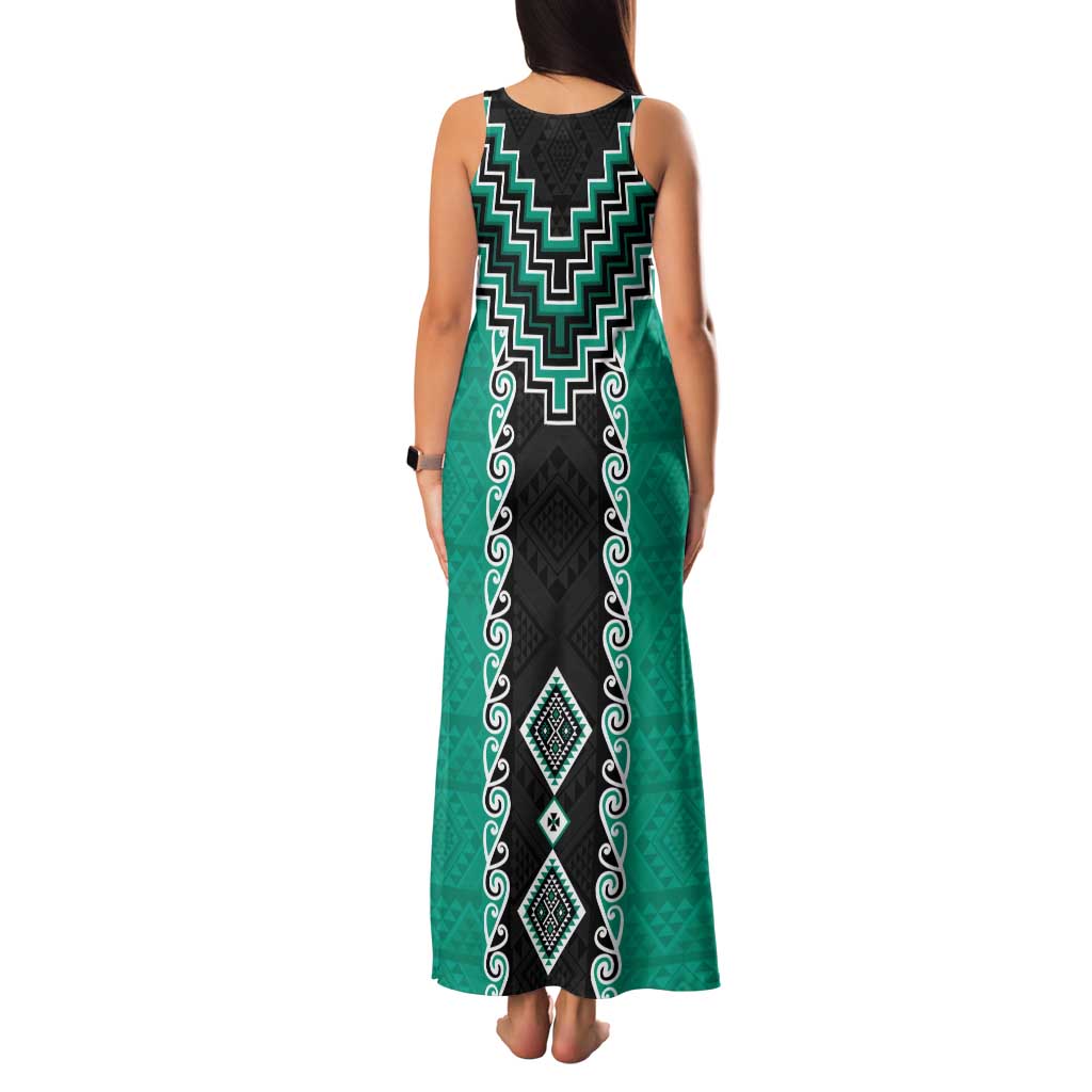 Teal Niho Taniwha Mix Poutama Tank Maxi Dress Unique Taniko Aotearoa LT01 - Polynesian Pride