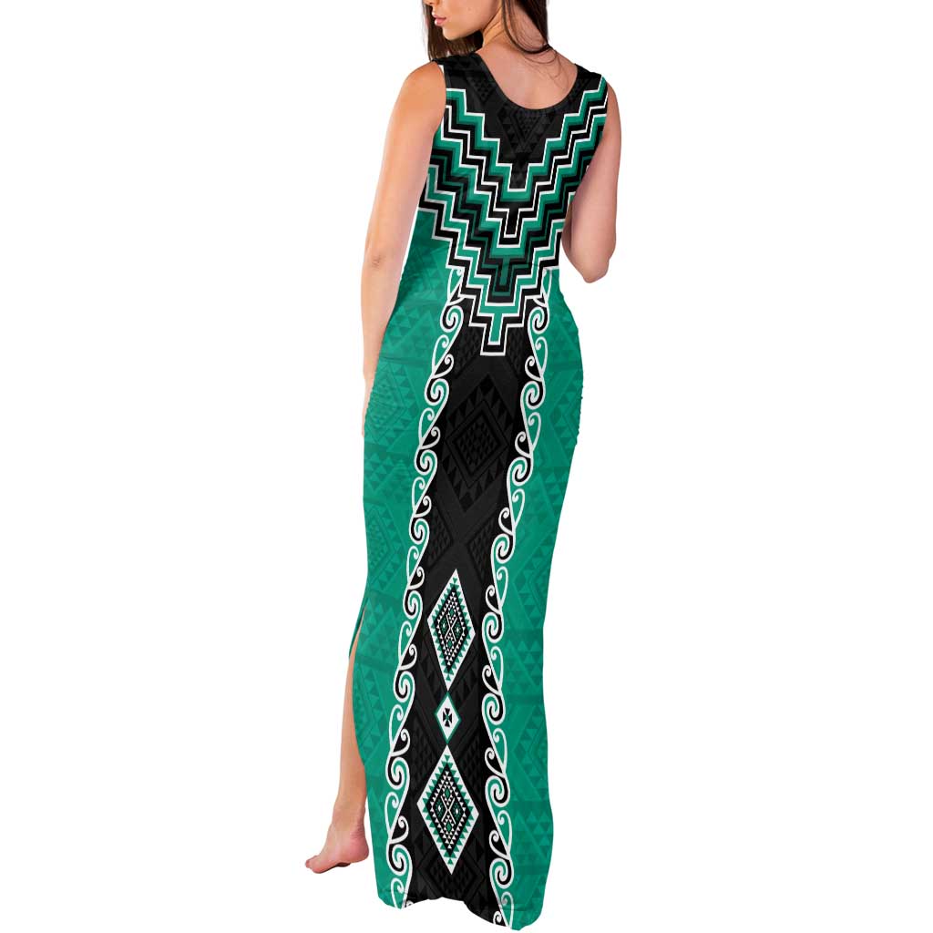 Teal Niho Taniwha Mix Poutama Tank Maxi Dress Unique Taniko Aotearoa LT01 - Polynesian Pride