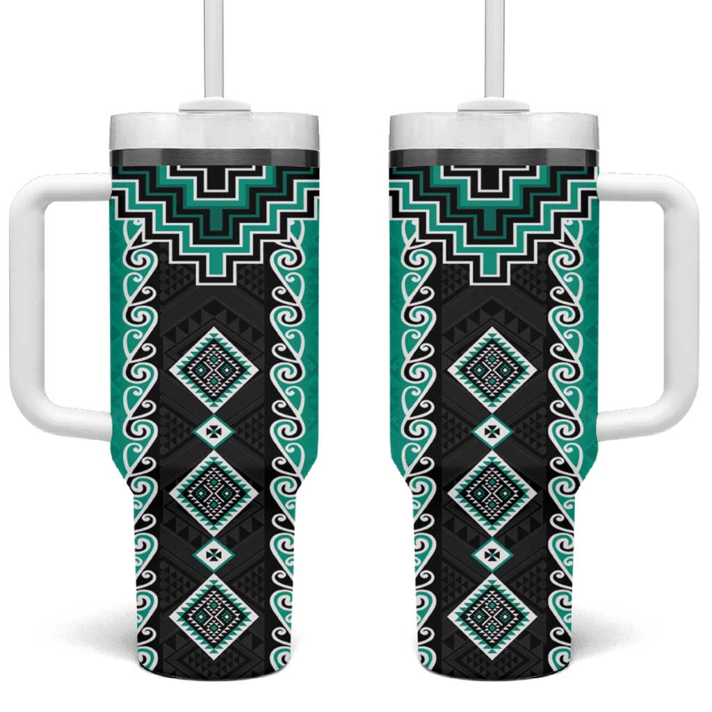 Teal Niho Taniwha Mix Poutama Tumbler With Handle Unique Taniko Aotearoa LT01 One Size: 40 oz Teal - Polynesian Pride