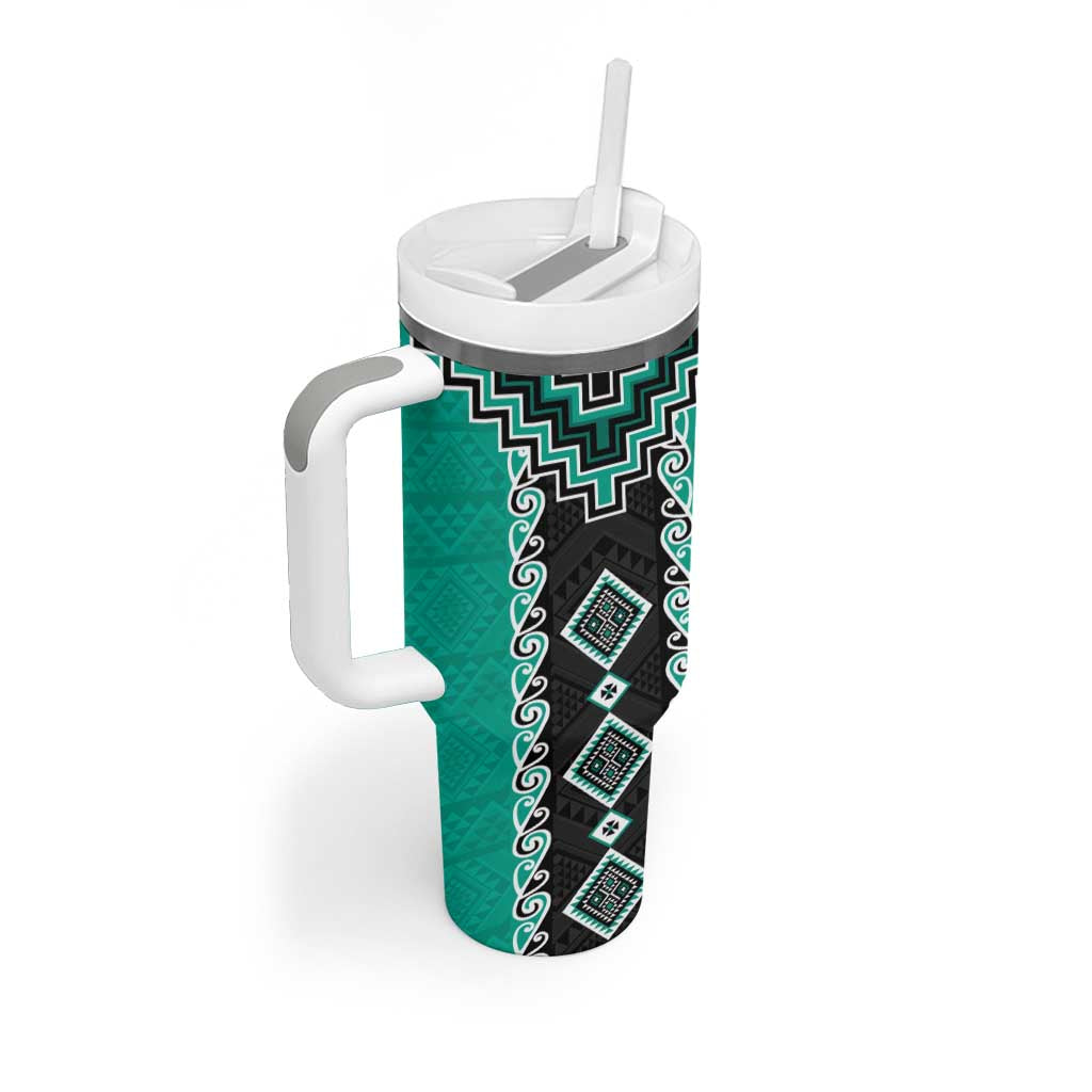 Teal Niho Taniwha Mix Poutama Tumbler With Handle Unique Taniko Aotearoa LT01 - Polynesian Pride